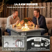 Outsunny 14.5 KW Rattan Gas Fire Pit Dining Table with Rain Cover, Wind Guard, Lid, Lava Rocks, Dark Grey(m-5)