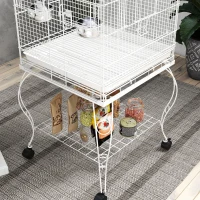 PawHut Jaula para Pájaros con Ruedas y Estante 51x51x153 cm con Parte Superior Abatible Comederos y Bandeja Extraíble Blanco(m-9)
