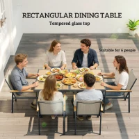 Outsunny Seven-Piece Metal Garden Dining Set, with Glass-Top Table - Khaki(m-5)