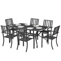 Outsunny 7 Pieces Garden Table and Chairs 6 Seater Outdoor Table and Chairs with Umbrella Hole, for Poolside, Garden, Black(m-11)