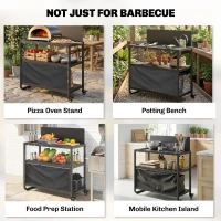 Outsunny Carro de barbacoa exterior, mesa de tres niveles con bandeja de acero, soporte para horno de pizza con ganchos, porta-especias, negro(m-4)