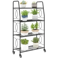 Outsunny 4-Tier Metal Plant Stand, Heavy Duty Ladder Shelf Potted Plants Display Rack with Lockable Wheels(m-10)