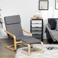 HOMCOM Fauteuil met voetenbank, fauteuilset, linnenlook, massief hout, grijs+naturel(m-10)