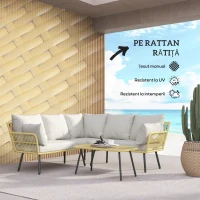 Outsunny Set de Mobilier de Grădină din Ratan din 4 Piese cu Canapea de Colț cu Perne și Măsuță de Cafea, 11x63x74 cm, Crem(m-4)