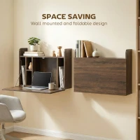 HOMCOM Wall Mounted Desk, Drop Leaf Floating Laptop Desk with Space Saving Storage Compartments for Home Office, Dark Brown(m-4)