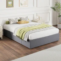 HOMCOM Cama con cajones 140x190 cm, estructura de cama doble tapizada con 3 cajones, somier de listones LVL, silenciosa, gris(m-6)