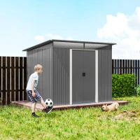 Outsunny 9ft x 6.5ft Garden Storage Shed with Top Window, Metal Outdoor Shed Tool House with Double Doors, Light Grey(m-9)