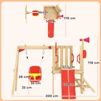 Outsunny Parque Infantil Exterior de Madeira com Baloiço Escorrega Volante Buzina Telefone para Jardim Relvado Vermelho e Madeira(m-3)