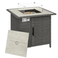 Outsunny 14.5 KW Rattan Gas Fire Pit Dining Table with Rain Cover, Wind Guard, Lid, Lava Rocks, Dark Grey(m-1)