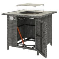 Outsunny 14.5 KW Rattan Gas Fire Pit Dining Table with Rain Cover, Wind Guard, Lid, Lava Rocks, Dark Grey(m-11)