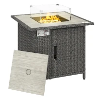 Outsunny 14.5 KW Rattan Gas Fire Pit Dining Table with Rain Cover, Wind Guard, Lid, Lava Rocks, Dark Grey(m-10)
