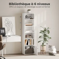 HOMCOM Bibliothèque meuble de rangement 6 niveaux avec 3 étagères réglables et placard, style moderne 40 x 30 x 156 cm blanc(m-4)