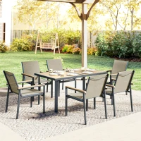 Outsunny Seven-Piece Metal Garden Dining Set, with Glass-Top Table - Khaki(m-8)