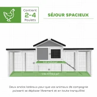 PawHut Poulailler clapier modèle chalet multi-équipé : rampes, nichoirs, plateau, en bois massif 204 x 85 x 93 cm gris(m-4)