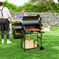 Outsunny Stalen Houtskoolgrill BBQ Smoker met Deksel, Thermometer, Wielen, Luchttoevoer, Kolenbak(m-10)