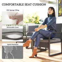 Outsunny Rattan Bistro Set, 3 Piece Garden Furniture Set with Cushions and Glass Top Table, Black(m-6)