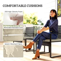 Outsunny Rattan Bistro Set, 3 Piece Garden Furniture Set with Glass Top Table and Cushions, Khaki(m-6)