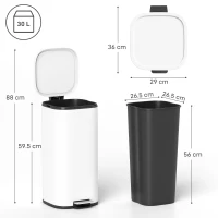 HOMCOM 30L Kitchen Bin, Compact Pedal Bin with Soft-Close and Stay-Open Lid, Removable Bucket for Kitchen, Home, Office, White(m-3)