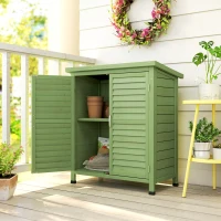Outsunny Garden Shed Wooden Garden Storage Shed 2 Door Unit Solid Fir Wood Garage Tool Organisation Cabinet, 87L x 46.5W x 96.5Hcm, Green(m-8)