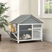 PawHut Casa para Gato de Exterior, Nicho de Madeira com Teto Abrível, Janela Transparente, Portas, Plataforma de Salto(m-2)