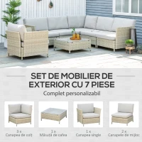 Outsunny Mobilier pentru gradina 7 bucati, modular cu masuta, fotoliu, fotoliu de colt si 2 canapele din ratan PE cu perne, bej(m-4)