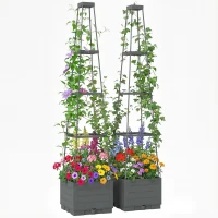 Outsunny 2 Pack Raised Garden Bed with Trellis, Plastic Outdoor Planter Box with Removable Drainage Tray(m-10)