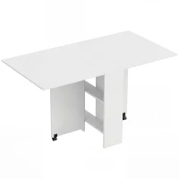HOMCOM Mesa de Sala de Jantar Dobrável Mesa de Madeira com 2 Prateleiras de Armazenamento e Rodas para Cozinha 75x140x74 cm Branco(m-1)