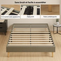 HOMCOM Cadre de lit 140 x 190 cm avec sommier à lattes en bois, lit double rembourré en velours côtelé, gris(m-7)