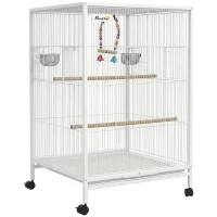 PawHut Jaula para Pájaros con Ruedas con Comederos Perchas Columpio y Bandeja Extraíble 48x46x78 cm Blanco(m-1)