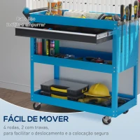 DURHAND Carrinho de Ferramentas com 3 Bandejas e Gaveta Rodas com Travões Pega Lateral Painel Lateral Perfurado 82x35x76 cm Azul(m-4)
