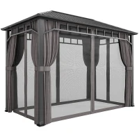 Outsunny 2 x 3.5 m Hardtop Gazebo with Galvanised Steel Roof, Waterproof Permanent Pavilion Garden Gazebo with Netting and Curtains for Patio, Deck, Dark Grey(m-1)