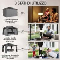 Outsunny Gazebo da Giardino a 2 Livelli con Zanzariere e Tende, in Metallo e Poliestere, 380x300x270 cm, Grigio Scuro(m-5)