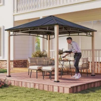Outsunny 3 x 3 m Decorative Metal Gazebo - Black/Wood-Effect(m-9)