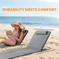 Outsunny Set of 2 Foldable Garden Beach Chair Mat Lightweight Outdoor Sun Lounger Seats Adjustable Back Metal Frame PE Fabric Head Pillow w/ Carry Bag,Grey(m-6)