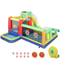 AIYAPLAY Château gonflable aquatique avec souffleur 550W 9 en 1 avec toboggan Trampoline Escalade 2 Piscines Panier Colonne de Boxe(m-7)