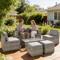 Outsunny Conjunto de Jardim em Resina Trançada 6 Peças, Conjunto de Conversação Compacto com Sofá, Poltronas, Mesa e Apoios para Pés, Cinza Escuro(m-6)