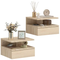 HOMCOM Set de 2 Mesitas de Noche Flotantes con 1 Cajón y Estante Abierto Diseño Moderno Montado en la Pared 35x32x22,5 cm Roble(m-6)