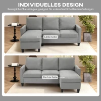 HOMCOM Ecksofa, 3-Sitzer-Sofa mit Kissen, Eckcouch, L-Form Couch, Stoffbezug, Grau(m-5)