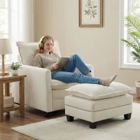 HOMCOM Poltrona da salotto con poggiapiedi in chenille e seduta imbottita, 85x128x86 cm, Crema(m-2)