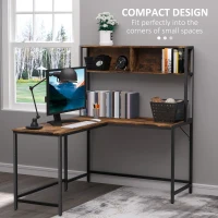 HOMCOM L Shaped Desk with Book Shelf, Industrial Corner Computer Desk, Writing Table with Steel Frame for Home Office, Bedroom, Study Room, 140 x 125cm, Brown(m-4)