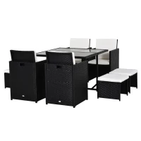 Outsunny 9 Pieces PE Rattan Cube Garden Furniture Set with Cushions, Outdoor Dining Table Set with 4 Armchair, 4 Stool, and Square Glass Top Table, Black(m-11)
