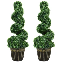 HOMCOM Set of 2 Artificial Plants, Topiary Spiral Boxwood Trees with Pot, for Home Indoor Outdoor Decor, 90cm(m-10)