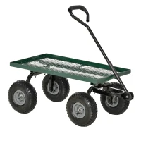 Outsunny Carro de Transporte com Pega Revestida e 4 Rodas Grandes de Ø24 cm Carrinho de Jardim em Aço 94x48,5x100 cm Preto e Verde(m-10)