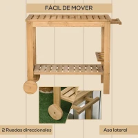 Outsunny Carrito de Madera para Exterior Carro de Servicio con Asa Lateral y 3 Porta botellas 95x47x74 cm Natural(m-5)