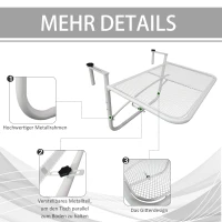 Outsunny Balkonhängetisch 3-fach höhenverstellbarer Hängetisch aus Metall wetterfest Balkontisch Beistelltisch für Balkongeländer Terrassengeländer Tisch zum Einhängen 60 x 56 cm, Weiß(m-6)