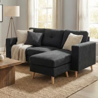 HOMCOM Divano 3 Posti ad Angolo con Penisola Reversibile e Cuscini, in Tessuto Effetto Lino, 193x136x85 cm, Nero(m-9)