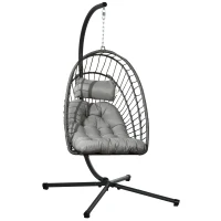 Outsunny Poltrona Sospesa in Rattan PE con Cuscino, Seduta Pieghevole e Struttura in Acciaio, Grigio(m-1)