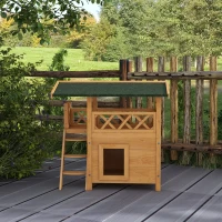 PawHut Cat House Outdoor w/ Balcony Stairs Roof, 77 x 50 x 73 cm, Natural Wood Finish(m-8)