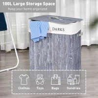 HOMCOM 100L Collapsible Natural Wood Laundry Hamper Organizer Clothes Washing Basket Bin Storage Box w/Lid Removable Lining 52x32x63cm, Grey(m-4)