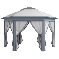 Outsunny 3 x 4m Metal Frame Hexagon Gazebo, with Curtains - Grey